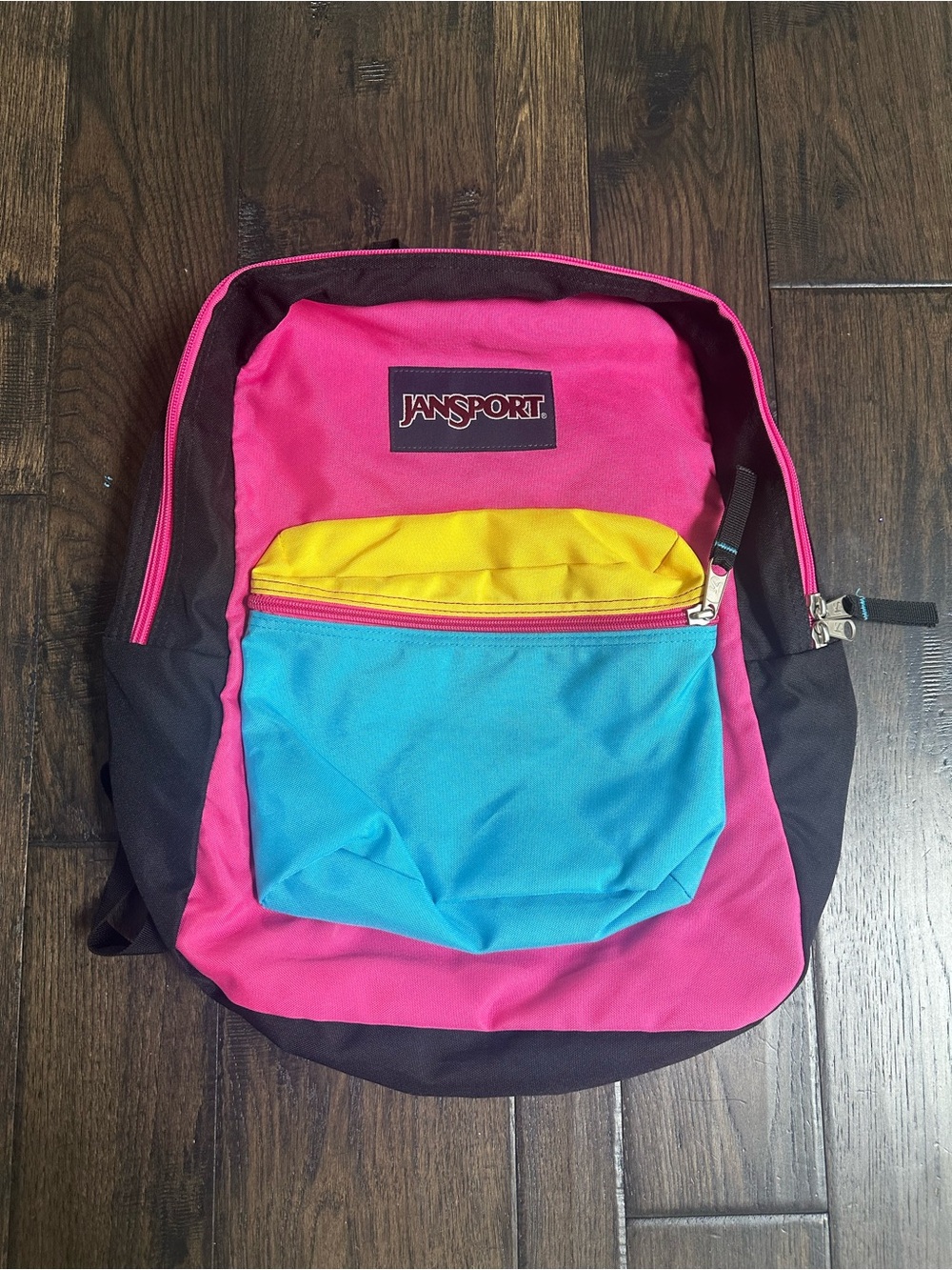 JanSport Colorblock Backpack – Pink, Blue, Yellow & Black